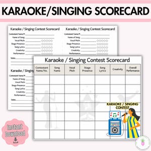 Tarjetas de puntuación imprimibles para concurso de canto karaoke, evaluación de concursos de talentos, hojas de puntuación para concursos vocales, juego de fiesta, micrófono abierto, descargas instantáneas