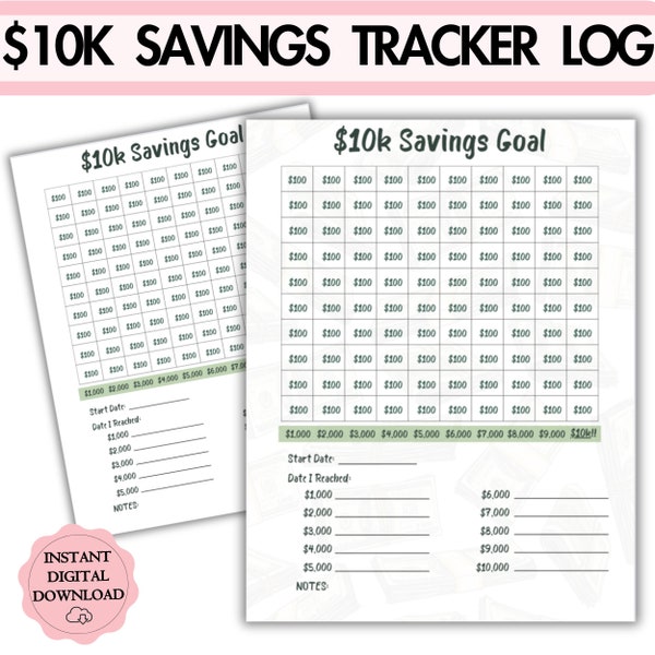 10k Savings Goal Tracker Printable, Ten Thousand Dollar Goal, 10k Saving Challenge, 10000 Money Saving, Emergency Fund, Saving Goal Chart
