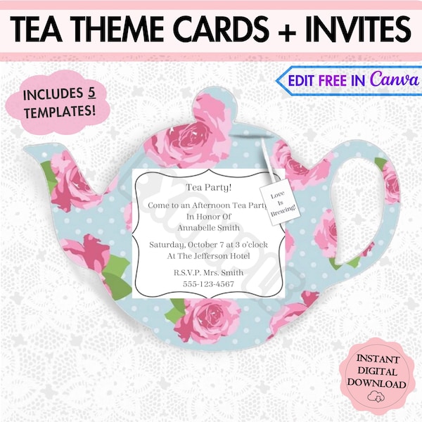 Teapot Editable Invitation Printable, Tea Party, Mom Tea Party, Afternoon Tea, Print at Home, Invitation DIY, Ladies Tea, Kid Party, Tea Bag