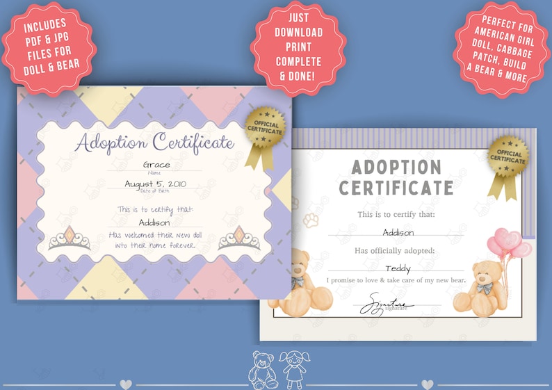 Doll and Bear Adoption Printable Certificate, Custom Certificate, Doll ...