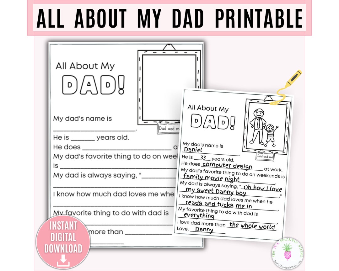 All About My Dad Printable, Personalized Gift, Father's Day, Birthday ...