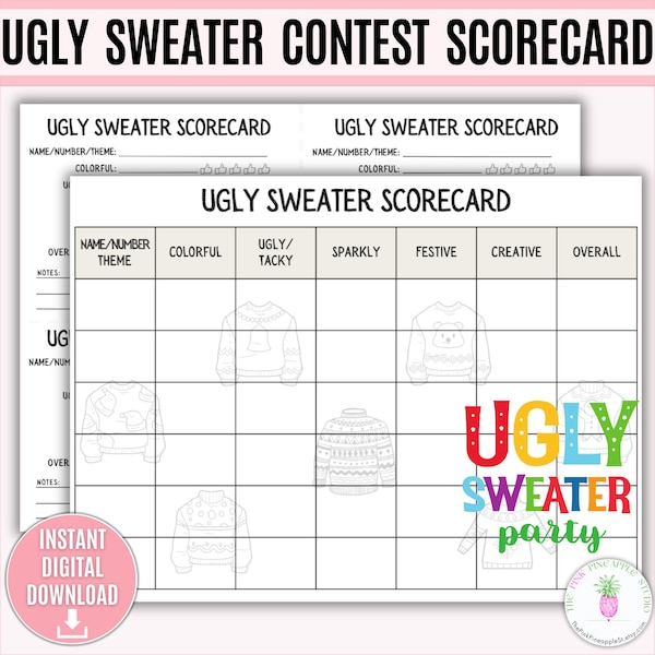 Ugly Sweater Contest Scorecard Printable, Ugly Sweater, Ugly Sweater Evaluation, Ugly Sweater Judging, Christmas, Theme Party, Holiday, Work