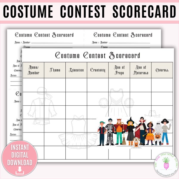 Costume Contest Scorecard Printable, Costume Design, Costume Evaluation, Costume Judging, Halloween, Cosplay Event, Themed Party, Theatrical