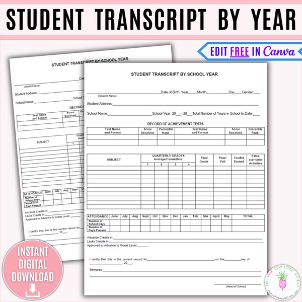 Student Yearly Transcript, Homeschool Printable, Homeschool Transcript, Homeschool Supplies, Grades, Academic Record, School Report