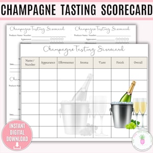 Cartão de pontuação de degustação de champanhe para impressão, festa de champanhe, voo de champanhe, avaliação de champanhe, julgamento de champanhe, vinho espumante, prosecco
