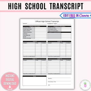 High School Transcript Editable, Homeschool Printable, Homeschool Transcript, Homeschool Grades, Academic Record, College Admission Records