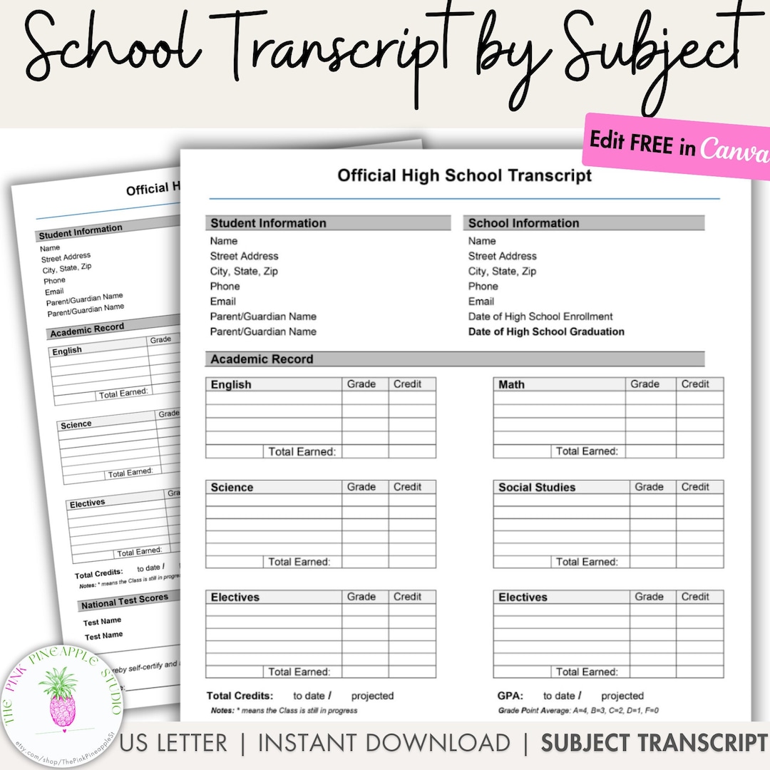 High School Subjects Transcript Editable Homeschool - Etsy