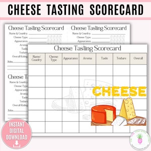 Modello stampabile per la scheda di valutazione della degustazione di formaggi, gioco di degustazione di cibo per feste, festa di vino e formaggio, gioco di società divertente, degustazione virtuale di formaggi, valutazioni