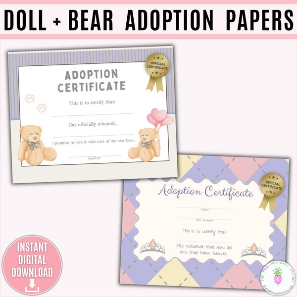 Doll and Bear Adoption Printable Certificate, Custom Certificate, Doll Adoption Certificate, Certificate Template, Bear Adoption Certificate
