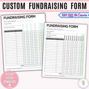 Peut inclure: Un formulaire de collecte de fonds imprimable avec une grille noire et blanche et des rayures vertes et blanches. Le formulaire comporte des champs pour le nom du participant, les coordonnées, le nom du client, l'adresse et le numéro de téléphone. Le texte "HELP US RAISE FUNDS FOR" est en haut du formulaire. Le texte "EDIT FREE IN Canva" est en haut à droite du formulaire.