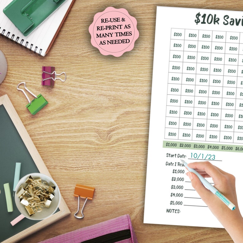 10k Savings Goal Tracker Printable, Ten Thousand Dollar Goal, 10k ...