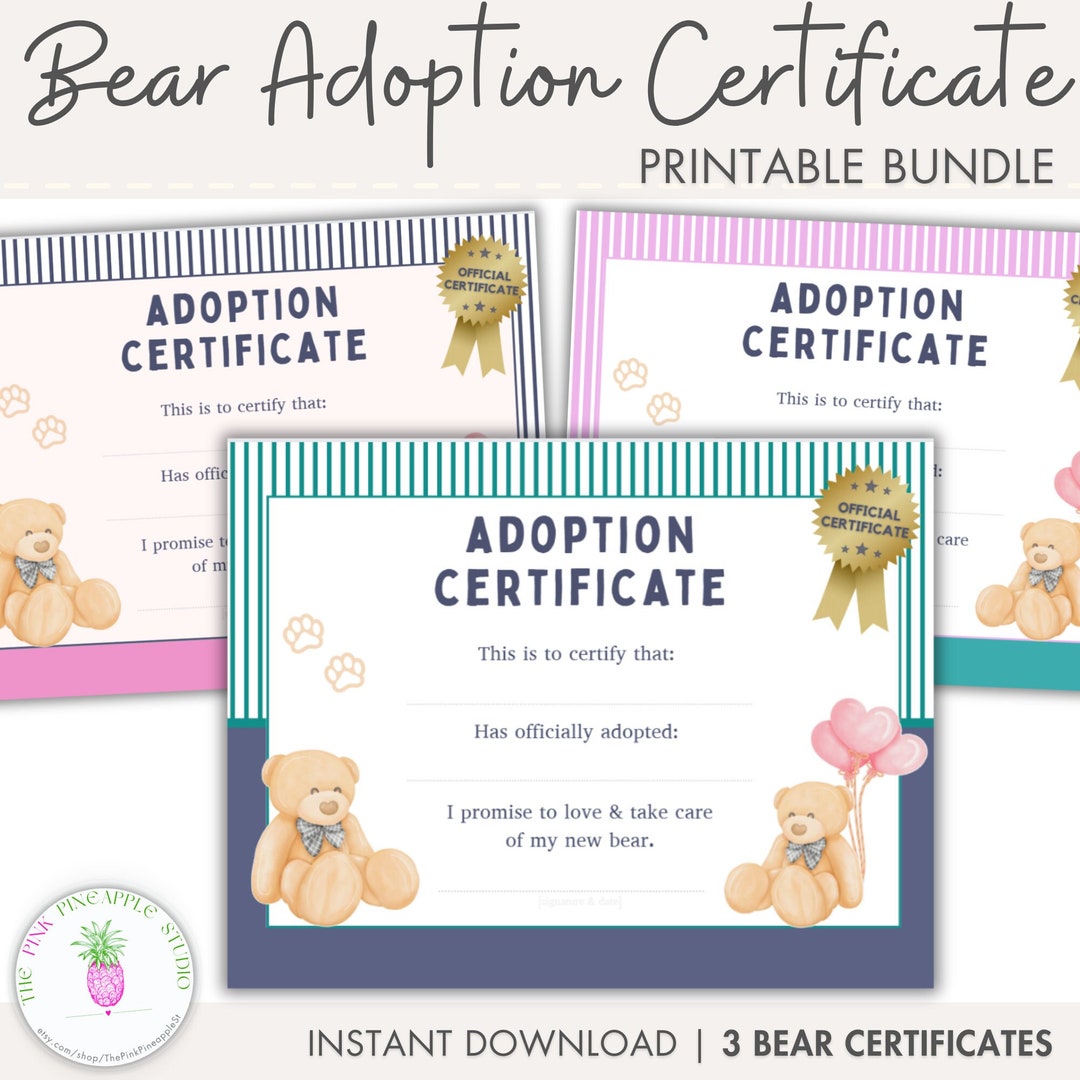 Bear Adoption Certificate Printable Bundle Custom - Etsy