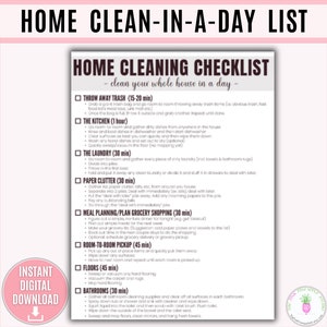 Lista de verificação de limpeza doméstica para impressão, casa limpa em um dia, lista de tarefas de limpeza doméstica, lista de verificação de limpeza, planejador, cronograma, limpeza de primavera