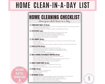House Cleaning Checklist Printable, Clean House In A Day, Home Cleaning Task List, Cleaning Checklist, Planner, Schedule, Spring Cleaning