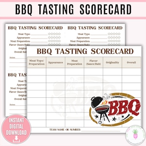 Plantilla imprimible de tarjeta de puntuación para degustación de barbacoa, juego de degustación de comida para fiesta de barbacoa, hoja de evaluación de barbacoa, papeleta de votación para concurso de barbacoa de parrilla