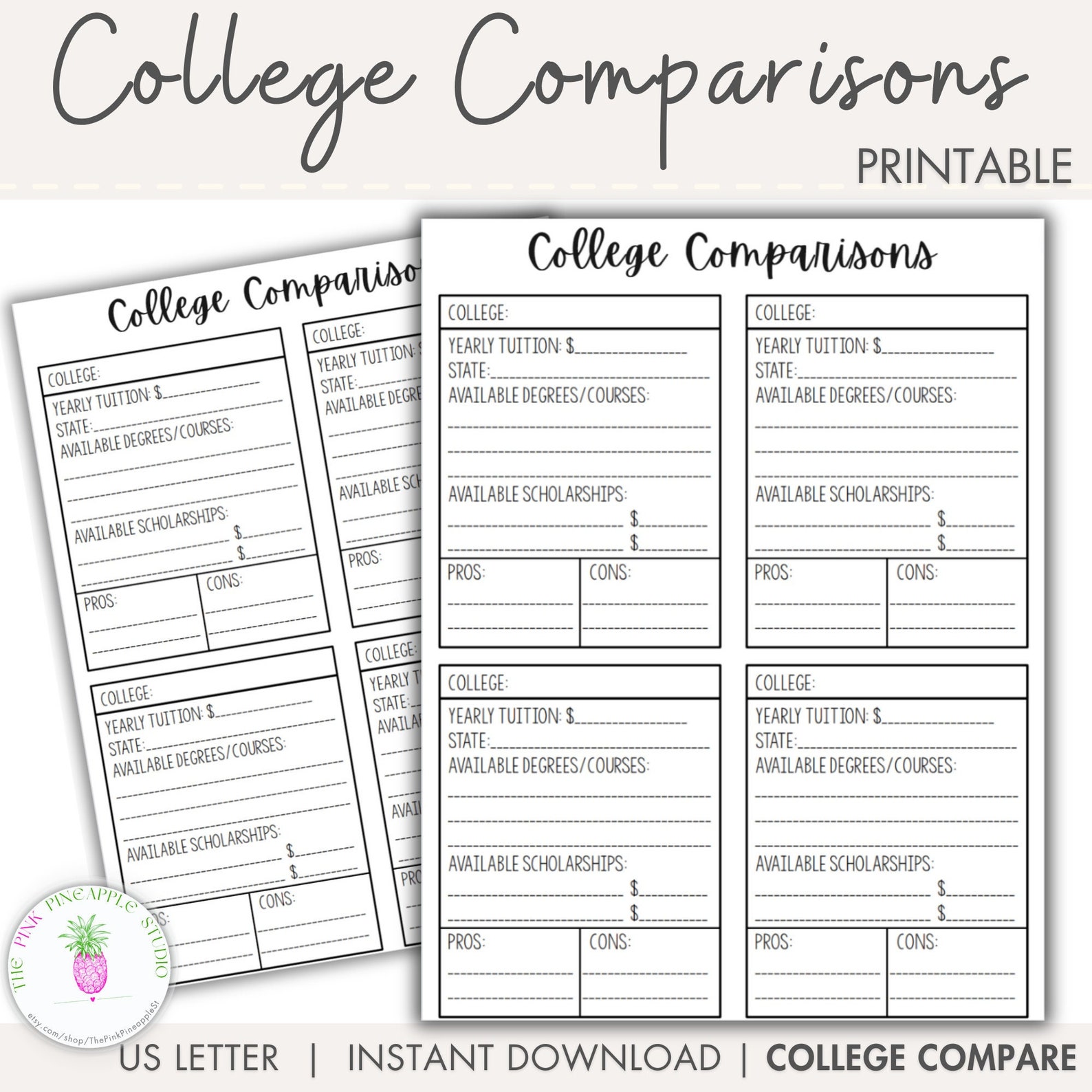 College Comparison Printable College Tour Worksheet School Etsy