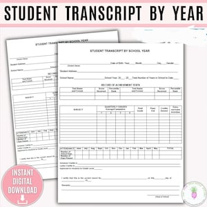 Transcripción anual del estudiante, imprimible para educación en casa, transcripción para educación en casa, materiales para educación en casa, calificaciones, expediente académico, informe escolar
