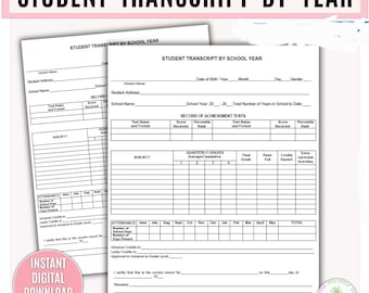 Op de afbeelding: Een printbaar studententranscriptformulier met secties voor studenteninformatie, verslag van prestatietoetsen, kwartaalcijfers en aanwezigheid. Het formulier is ontworpen om de voortgang van studenten per schooljaar bij te houden.