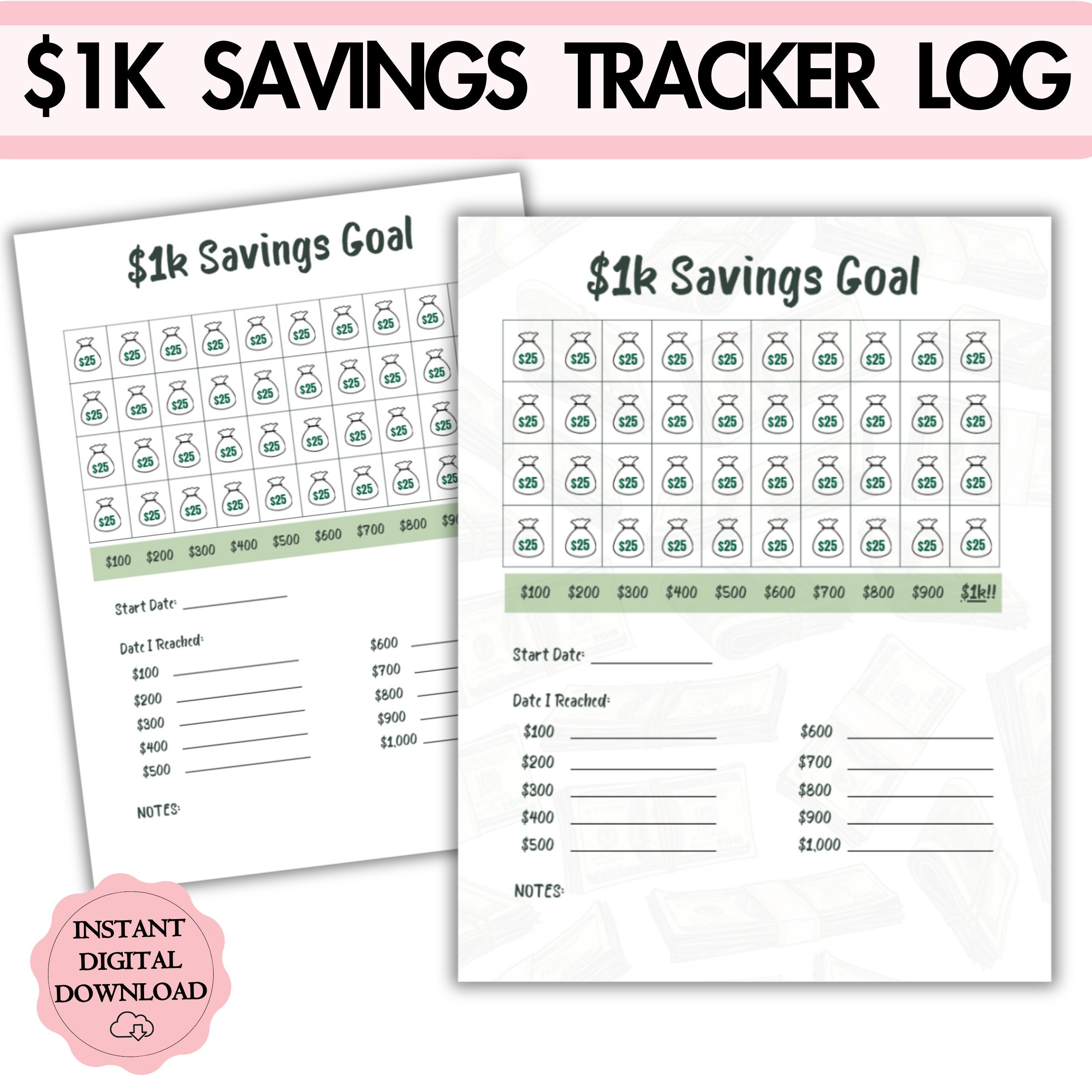 1k Savings Goal Tracker Printable, One Thousand Dollar Goal, 1k Saving