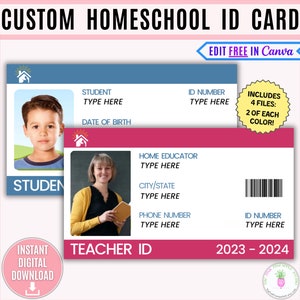 Homeschool Teacher & Student Identification Card Editable Printable Template, Teacher ID, Student ID, Home School Teacher, Student ID Card