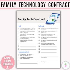 Family Technology Contract Printable, Teen Phone Contract, Screen Time Rules, Parent Teen Tech Rules Contract, Teen Cell Contract, Download