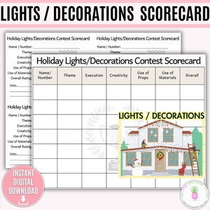 Tarjeta de puntuación imprimible del concurso de luces o decoraciones navideñas, concurso de luces, concurso de decoraciones, concurso vecinal, concurso de oficina