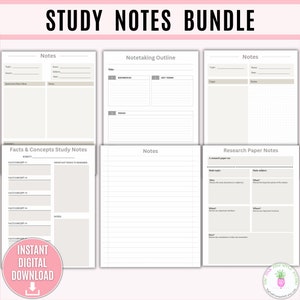 Study Notes Printable Bundle, Student Study Guides, Lecture Study Notes, Note Taking Template, Student Planner, Study Planner, School Notes