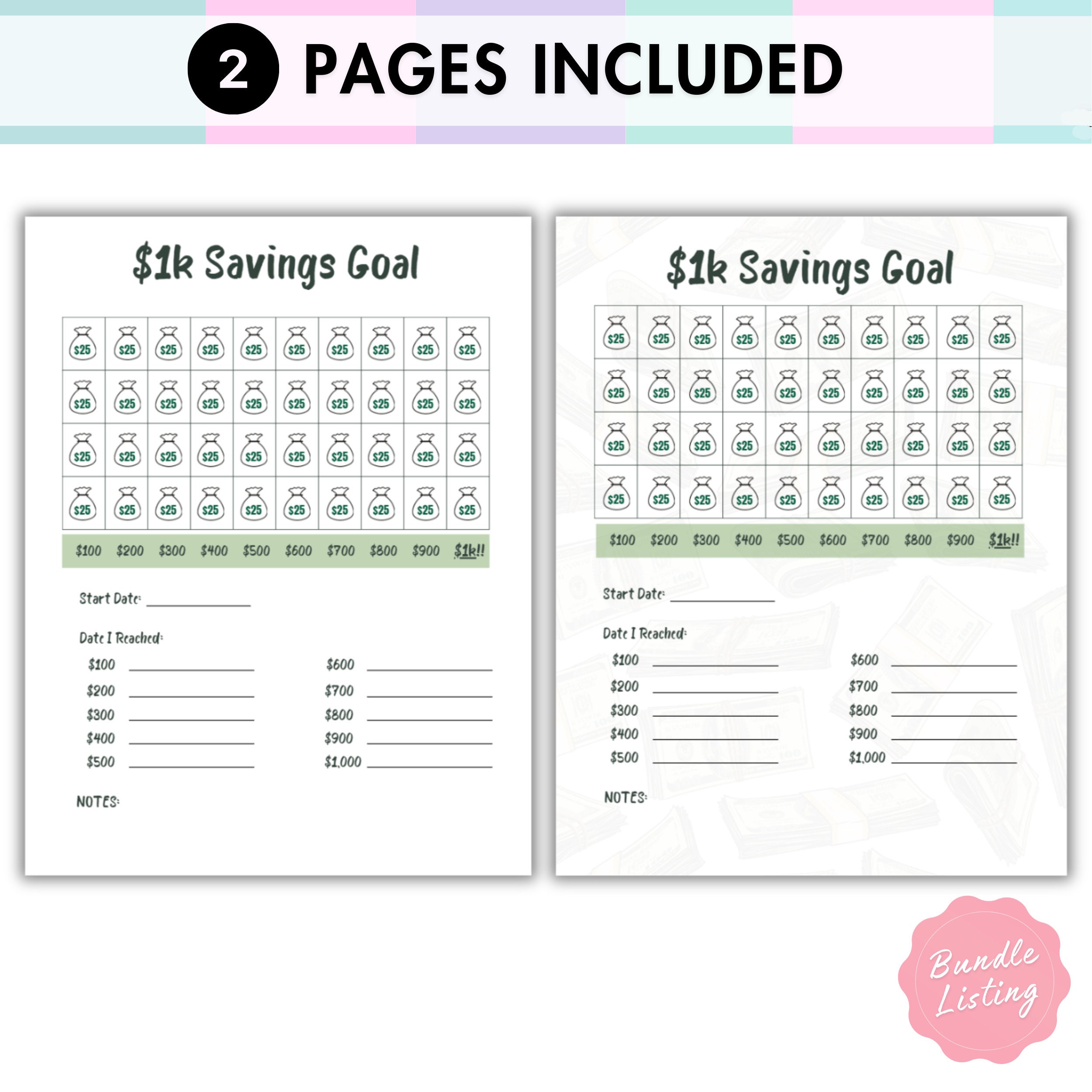 1k Savings Goal Tracker Printable, One Thousand Dollar Goal, 1k Saving
