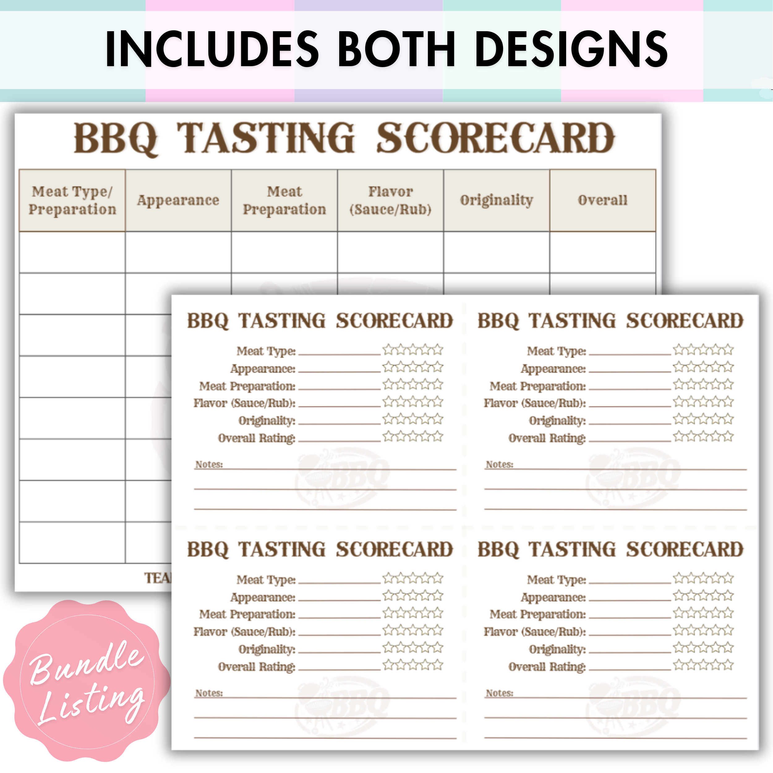 BBQ Tasting Scorecard Printable Template Barbecue Cookoff Party Food