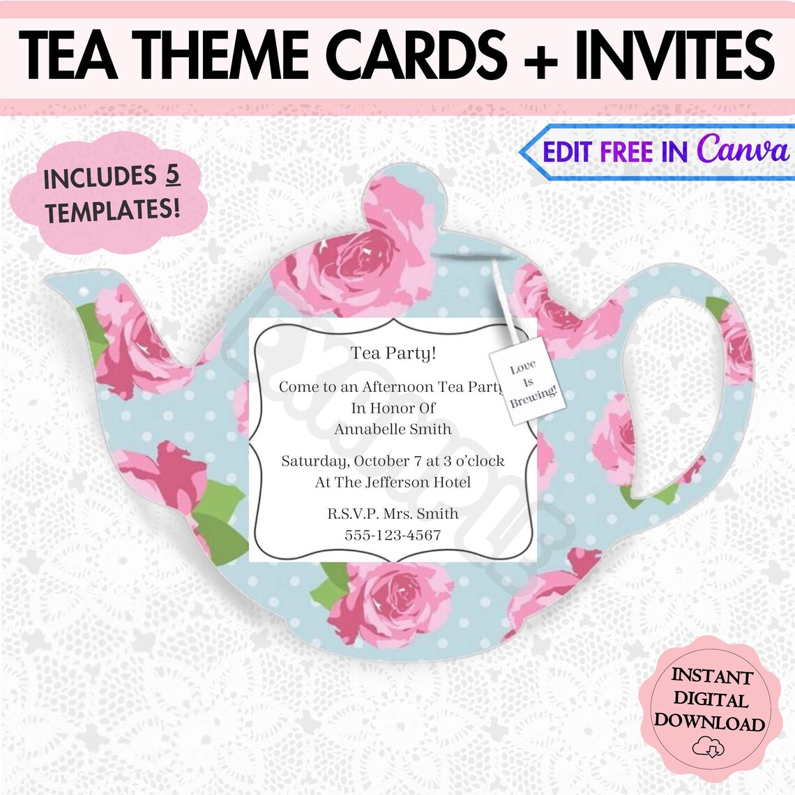 Teapot Editable Invitation Printable, Tea Party, Mom Tea Party, Afternoon Tea, Print at Home ...