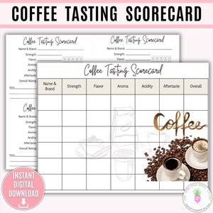 Modello stampabile per la scheda di valutazione della degustazione del caffè, festa del caffè, gioco di società divertente, valutazioni del caffè, giudizio del caffè, amante del caffè, diario