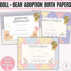 Geboorte- en adoptiecertificaten Doll & Bear afdrukbaar, aangepast certificaat, babypopcertificaat, teddybeercertificaat, verjaardag, bundel