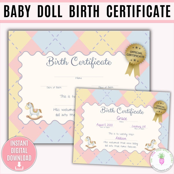 Doll Birth Certificate Printable, Custom Certificate, Baby Doll Certificate, Certificate Template, Baby Doll Birth Certificate, Doll, Baby