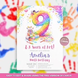 Op de afbeelding: Een kleurrijke uitnodiging voor Amelia's negende verjaardag. Het ontwerp toont een regenboogkleurige 9 met verfspatten, penselen en een palet. Tekst bevat "& A Work of Art!" en feestdetails.