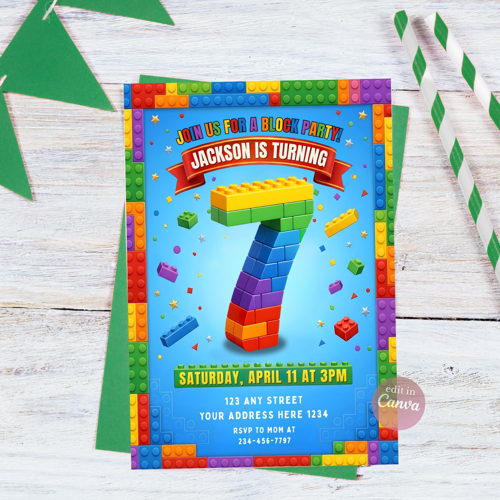 7th Birthday Building Blocks Invitation, Editable Colorful Kids Party ...