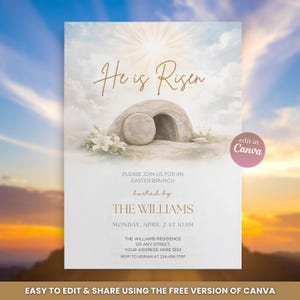 Pode incluir: Um convite para um brunch de Páscoa com as palavras "He is Risen" em letras douradas. O design apresenta um túmulo aberto, uma pedra, lírios brancos e um fundo de céu brilhante. O convite inclui detalhes do evento.