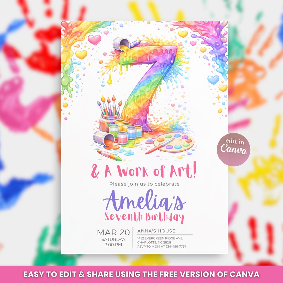 Girls Art Party Invitation, Paint 7th DIY Kids Birthday Invite ...