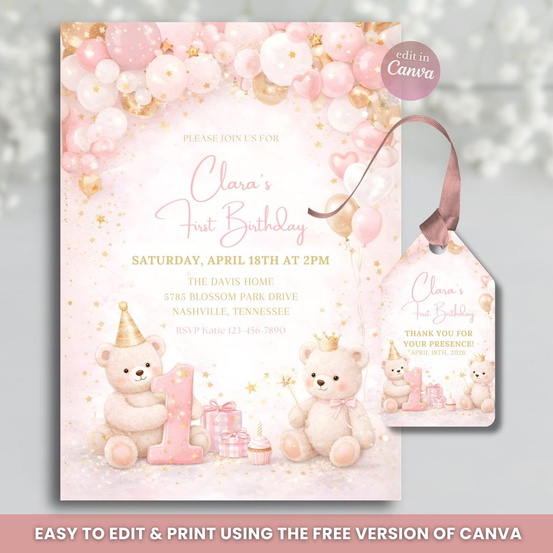 Beary First Birthday Invitation, Pink Teddy Bear Girl 1st Birthday ...
