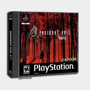 以下が含まれることがあります： PlayStationのゲームケース、Resident Evil 4 Remake。カバーには、シルエットの人物とゲームタイトルが描かれた赤い森のシーンが描かれています。ケースは黒で、PlayStationのロゴとESRBレーティングが付いています。