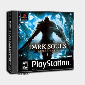 May include: A PlayStation game case for "Dark Souls Remastered." The cover art shows a dark figure with a sword and shield against a blue and white backdrop. The PlayStation logo is at the bottom, with the ESRB rating and "FROM SOFTWARE" text.