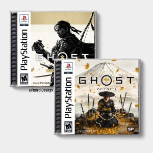 Op de afbeelding: Twee PlayStation-gamecases voor "Ghost". Eén toont een samoerai met pijl en boog, de andere een samoerai in een veld met een berg. De cases hebben het PlayStation-logo en een ESRB-classificatie.