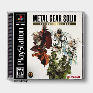 Puede incluir: Caja de juego de PlayStation para Metal Gear Solid: Master Collection. La carátula presenta un collage de personajes en tonos marrones, verdes y blancos. El logotipo de PlayStation y el título del juego se muestran de forma destacada. La clasificación ESRB es visible.