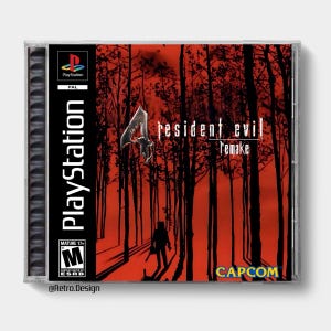 May include: A PlayStation 1 game case with the "Resident Evil 4 Remake" cover art. The image shows a silhouetted figure in a forest against a red backdrop. The case includes the PlayStation logo and an age rating.