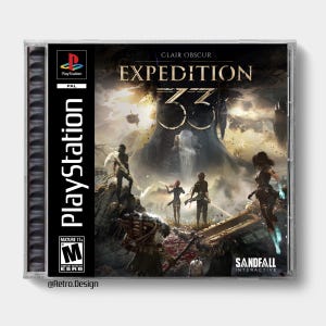 Puede incluir: Caja de juego de PlayStation para "Expedition 33". La portada muestra figuras en un entorno de fantasía con el número "33" en primer plano. La caja incluye el logotipo de PlayStation y una clasificación ESRB.
