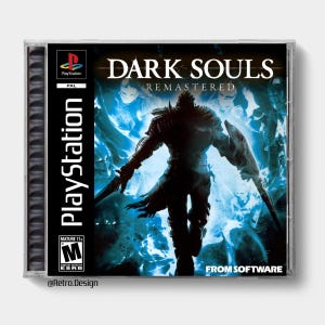 May include: A PlayStation game case for Dark Souls Remastered. The cover features a silhouetted knight with a sword and shield against a blue and white background. The PlayStation logo and game title are prominently displayed.