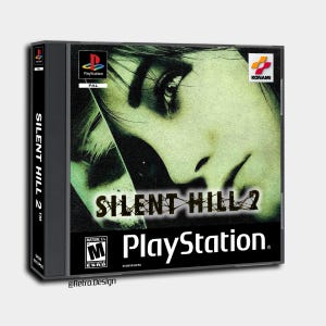 以下が含まれることがあります： サイレントヒル2のPlayStationゲームケース。カバーには、緑と黒のカラースキームの顔のクローズアップが描かれています。ゲームタイトルとPlayStationのロゴが表示されています。ケースは黒で、背表紙にゲームタイトルが記載されています。