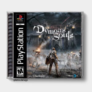 Peut inclure: Boîtier de jeu PlayStation pour "Demon's Souls". La couverture montre un chevalier avec une épée et un bouclier face à des ennemis squelettiques devant un château. L'étui a une tranche noire avec "PlayStation" en texte blanc. Le jeu est classé Mature 17+.