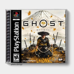 May include: A PlayStation game case with the title "Ghost of Yotei." The cover art shows a samurai figure with swords, a mountain backdrop, and falling leaves. The case has a black spine with the PlayStation logo and the text "PlayStation."