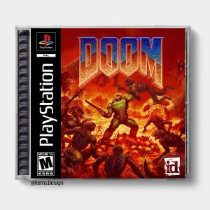 Puede incluir: Caja de juego de PlayStation para "DOOM" con un fondo rojo y naranja llameante, un personaje con armadura verde empuñando un arma, rodeado de demonios. El título del juego está en letras azules y rojas. La caja incluye el logotipo de PlayStation y una clasificación.