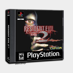 May include: A PlayStation game case for Resident Evil 2 Remake. The cover features a close-up of a zombie's face with the game title in red and white. The PlayStation logo and ESRB rating are also visible.
